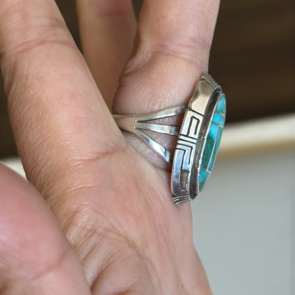 Navajo Handmade vintage Silver and Turquoise Inlay Ring size 9 - Picture 9 of 14